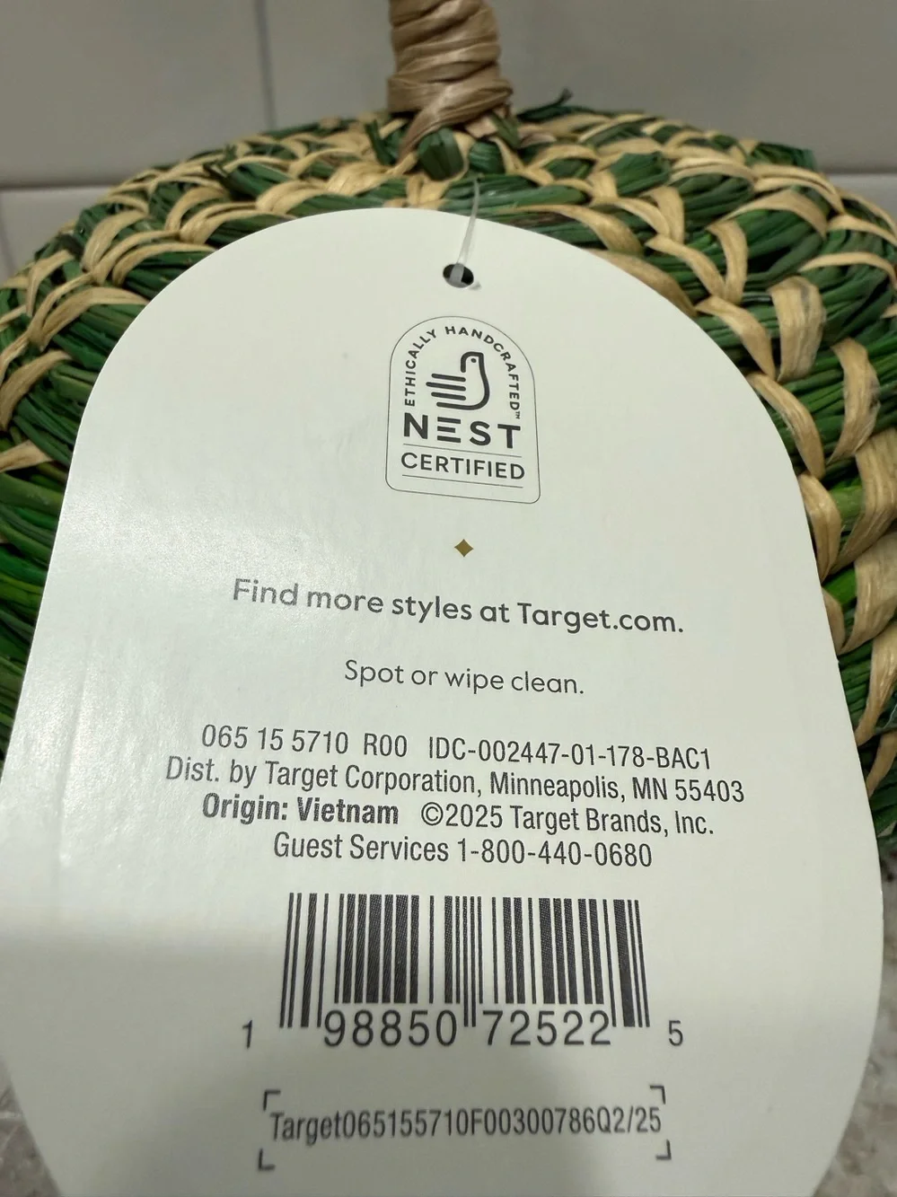 Threshold Fall Decor: Medium Handcrafted Green Woven Decorative Pumpkin NWT